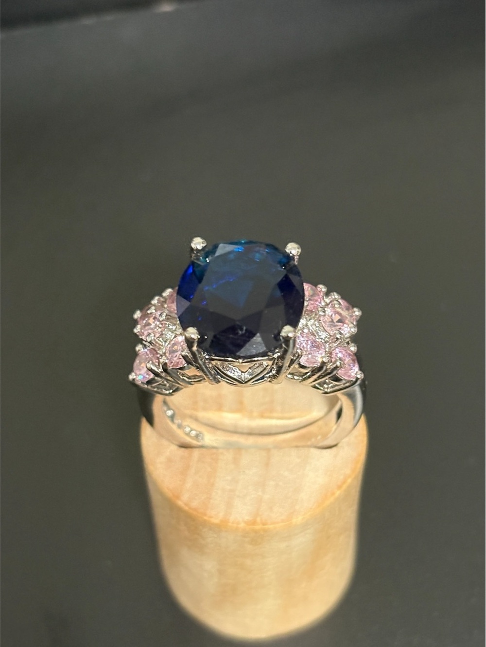 Elegant Blue Sapphire CZ and Pink Accent Ring